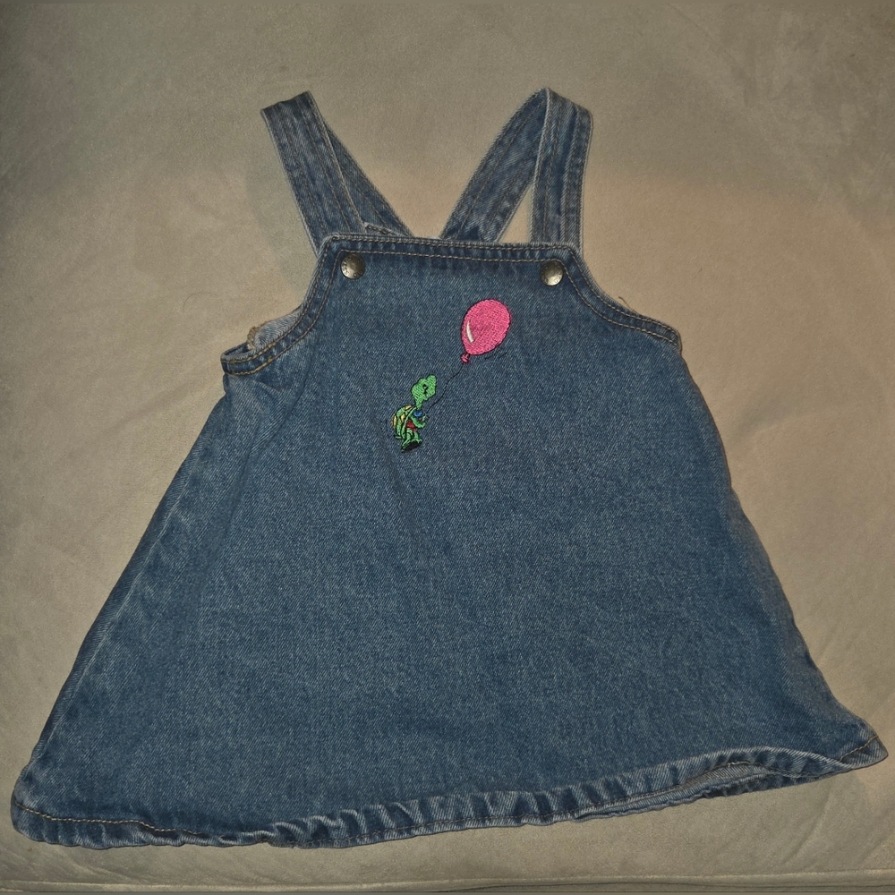 Vintage Guess Babyturtle with pink  balloon Embroidered Overalls Denim Dress